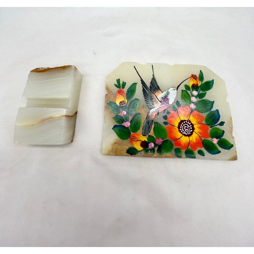 Vintage Mexican Onyx Hand Painted Hummingbird Floral Stone Art Slab with Base - Picture 7 of 8